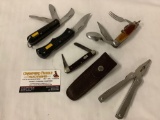 5 vintage folding pocket knives and leatherman tool, 2x Imperial, utensil tool, Schrade knife etc
