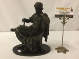 Antique cast bronze statue of Greek figure (Thales ?) sitting with book and compass