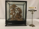 Antique wood and glass display case with highly detailed Chinese cork diorama artwork