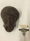 Antique wood carved ethnic wall art/ face carving - man in hat with mustache
