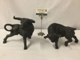 Pair of vintage ceramic black painted bull statues/ bookends - brutalist mid century style