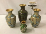 Lot of 4 vintage brass cloisonne vases with classic designs
