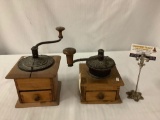 Lot of 2 antique wood and cast iron coffee grinders