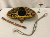 Lot of 3; Vintage Sombrero, riding crop/horse whip, twin loop woven implement