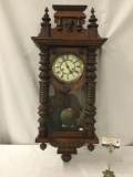 Antique wood carved wall clock w/ neoclassical design - Roman Numeral face, key and pendulem - see