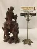 Antique wood carved Asian figure, depicts horse mounted sage and attendant, has damage on top