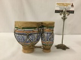 Pair of lashed Moroccan tom-tom drums having rawhide bindings and painted designs