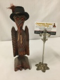 Anthromorphic bird art, wood carved figure with added accessories, artist unknown