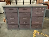 Vintage wood work bench with 15 steel drawers full of random parts, tools and other shop items
