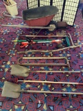 Vintage wood handle yard tools, axe heads, Seymour MFG. wheelbarrow, vice grip, shovels, rake etc