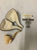 Ornate intricate vintage Meerschaum pipe with design of mans face in case