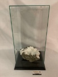 Large glass display case with natural crystal geode, 14x14x26 inches. Case has crack in glass.