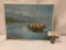 Original oil painting by Sai Hoi depicting a pair of junk boats in water - plastic frame