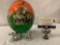 Hand painted ostrich egg with elephant design and stand with elephant figures