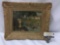 Antique original unsigned oil painting of landscape w/ river & houses - antique gilt frame