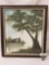 Original oil painting depicting a landscape of a barn with river & large tree - Signed Perez