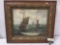 Original unsigned oil painting depicting boats in the ocean in wood frame