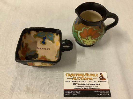 2 pc vintage hand painted ceramic cup and small creamer from Gouda, Holland