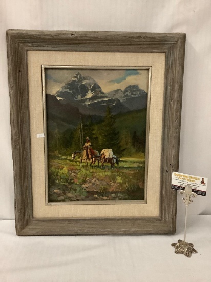 Framed original oil painting of a mounted raider with mules - signed Below the Mountain by Mark Ogle