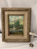 Antique framed original oil painting by Fred Oldfield (1918-2017) - pair of beached canoes on river