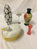 Assortment of 4 ceramic & glass decor pcs - Hall Cabrone duck casserole dish, and 3 art vases