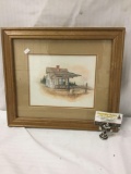 Original Barry Happin watercolor depicting a railroad way station in wood frame