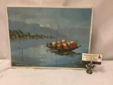Original oil painting by Sai Hoi depicting a pair of junk boats in water - plastic frame