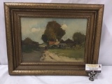 Original unsigned oil painting depicting a view of a figure walking towards house