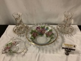 Vintage Heisey glass lot - Charleton Rose pattern hurricane lamp candle-holders and more