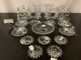 20 pc collection of vintage Heisey glass home decor incl. candle holders, serving plate, cup/saucers