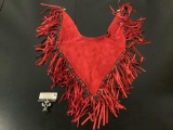 Red leather cape with beaded fringe made in Santa Fe New Mexico USA