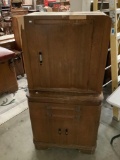 Antique Hamilton wooden doctors office medicine cabinet w/ 3 glass shelves, 2 drawers & cabinet