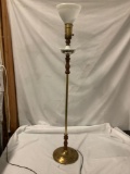 Antique stand g lamp with milk glass shade and accents, works, approx 54x10 inches.