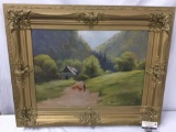 Antique pastoral oil painting w/ antique gilt frame - signed by unknown artist (as is)