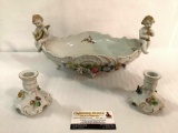 3 antique handmade Capodimonte bowl w/ cherub/floral design & 2 candleholders (Von Schiermolz)