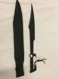 Dark alloy curved sword with corded pommel - has custom sheath