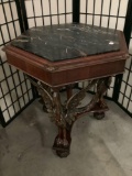 Antique marble top end table with carved swan legs in excellent condition - mahogany wood frame