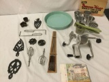 Collection of antique kitchen tools & decor incl. Normar foodcutter, wall decor, etc
