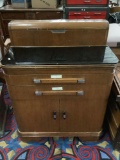 Antique Hamilton wood doctors office medicine cabinet with smoked glass top, two drawers etc