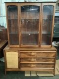 Mid Century Lane Furniture wooden lighted china cabinet with burled drawers & rush cabinet door