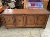 Vintage Davis Cabinet Co custom solid wood sideboard with mid century burled design