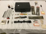 Gun cleaning kit, sheathed knife from Pakistan, Weaver detachable rife scope, etc
