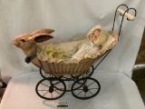 Antique metal & composite bunny rabbit head carriage with antique baby dolls - see pics