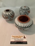3 vintage Native American hand painted ceramic pots - signed by artist Mary Small
