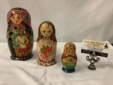 3 hand painted wooden Russian nesting egg dolls - signed by artist