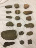 18 primitive stone tools and fossils. Fire starting stones, mortar & pestles + other primitive tools