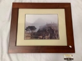 Framed photograph of Peruvian ruins, titled Machu PIcchu Fog