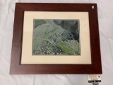 Framed aerial photograph of Machu Picchu high in the Andes Mountains of Peru