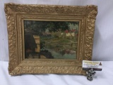 Antique original unsigned oil painting of landscape w/ river & houses - antique gilt frame