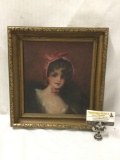 Original unsigned oil painting of woman in pink bonnet - presented in a painted frame